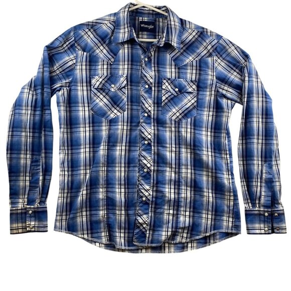 Wrangler Mens Western Shirt Large Blue Plaid With Pearl Snaps - Picture 1 of 9